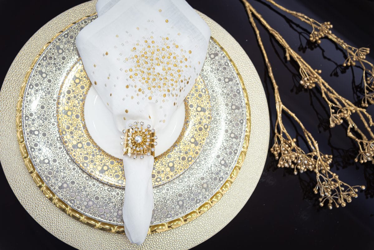 gold silver and white holiday table settings