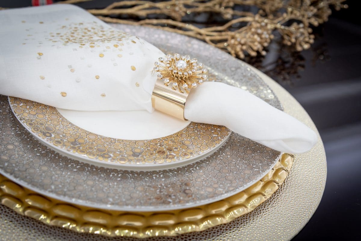 gold silver and white holiday table settings