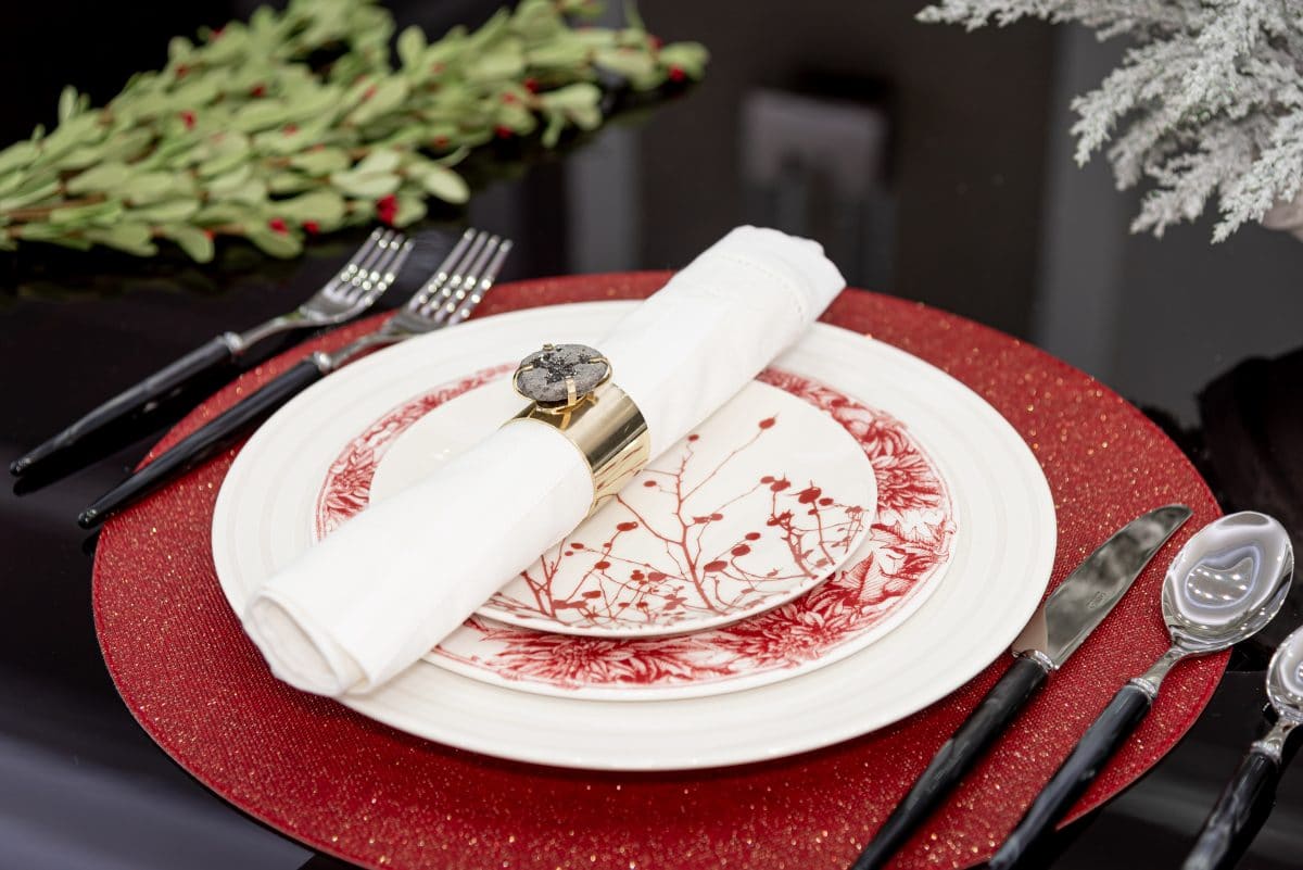 red and white holiday table settings
