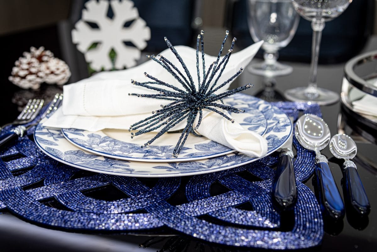 blue and white holiday table settings