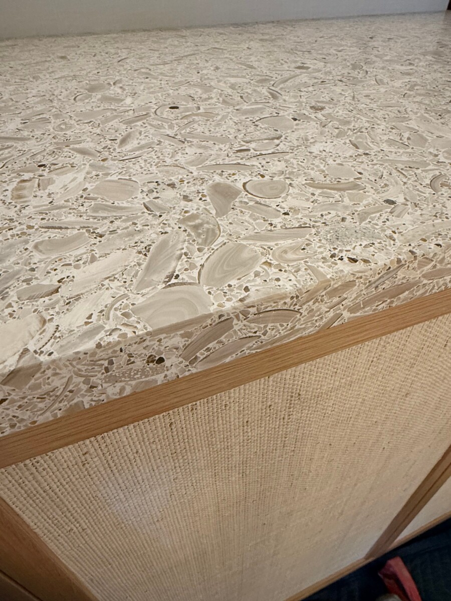 73M Admiral Spa Cabinetry Detail 73M Admiral yacht spa terrazzo countertop and woven cabinetry by Destry Darr Designs